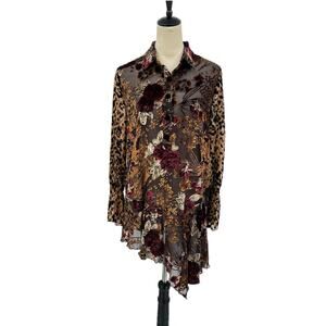 Paparazzi Floral Leopard Burnout Velvet Mixed Media Long Sleeve Tunic Blouse